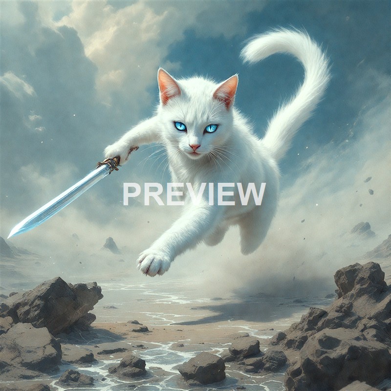 A white cat with piercing blue eyes is airborne, wielding a sword in its paw, set against a dramatic cloudy sky and rocky terrain.